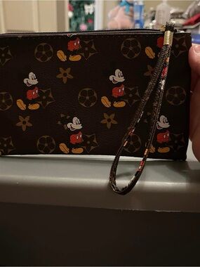 Brown Monogram Mickey Wristlet Pouch with Gold Accents